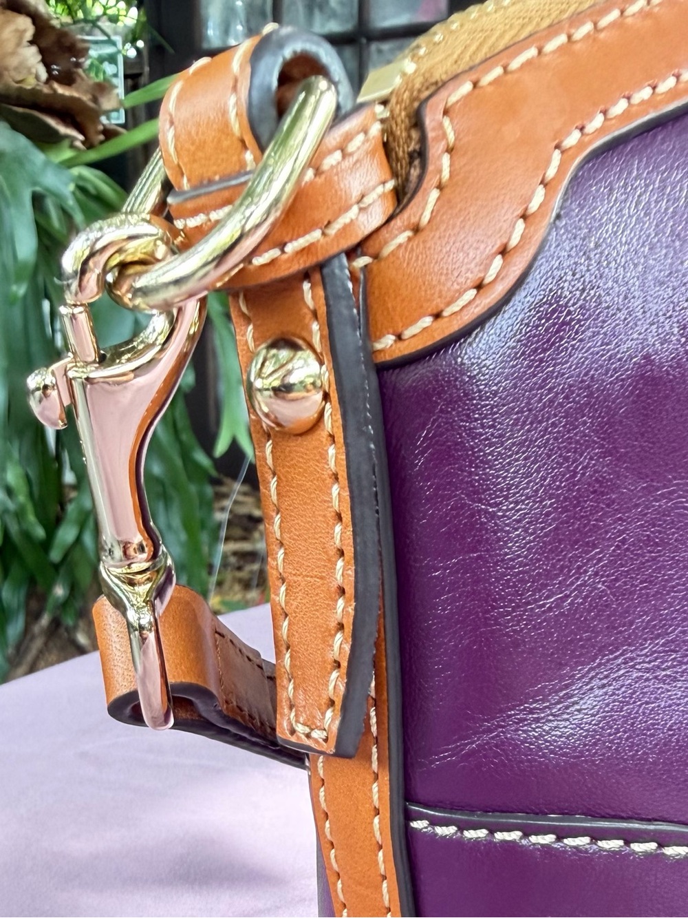 Dooney & Bourke Plum Leather Domed Crossbody with Vachetta Trim and Strap - Picture 6 of 12